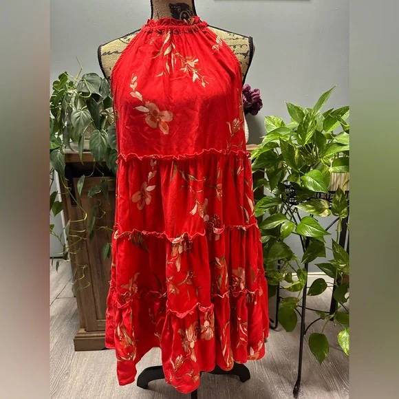 Cece Floral Print Tiered Halter Dress in Fiery Red. NWT. - Picture 4 of 5
